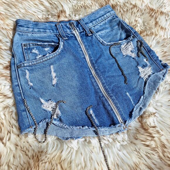 Carmar LF zip up denim cutoff rhinestone mini skirt distressed sexy frayed jean - Picture 6 of 6